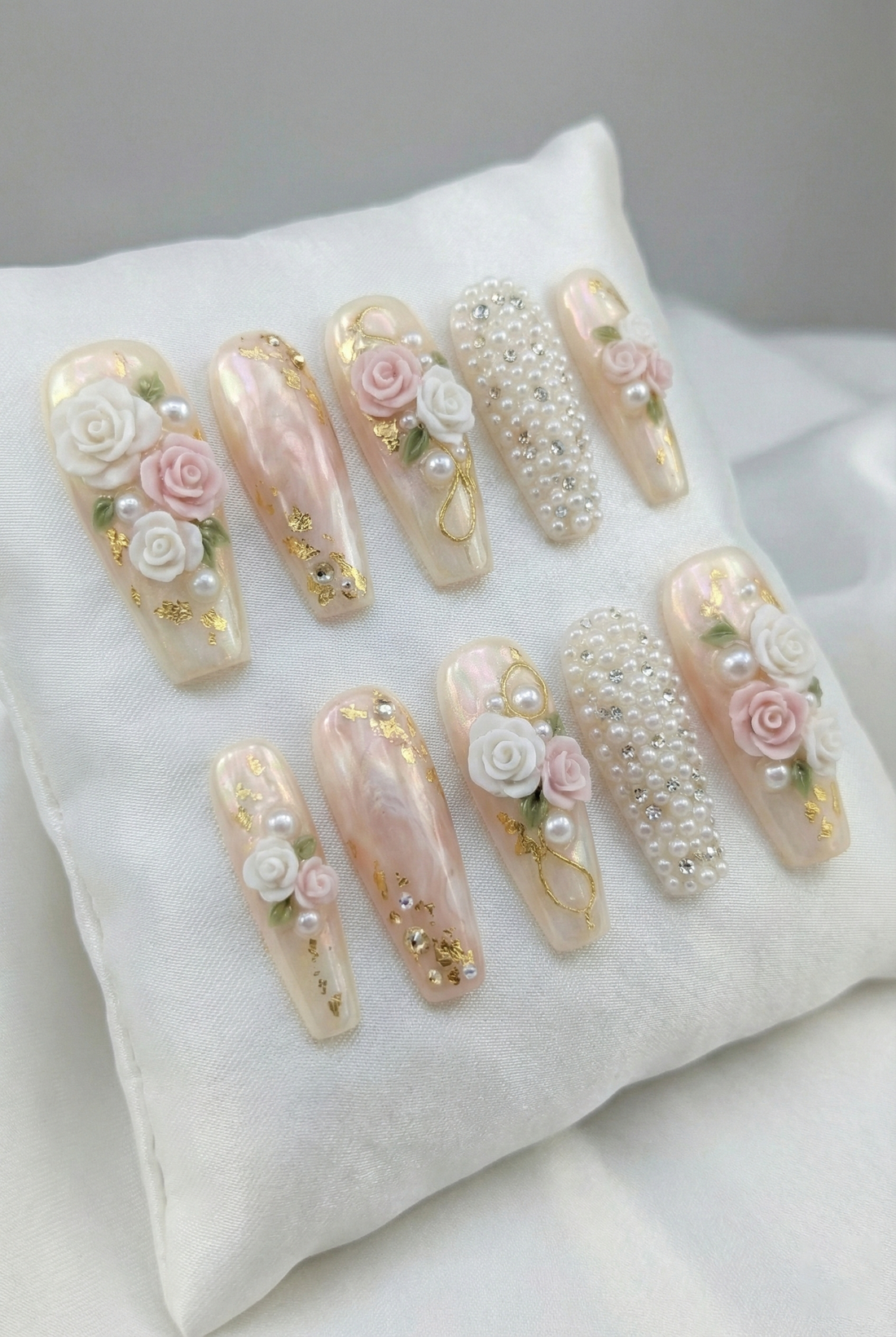 Bridal Grace | Handmade 3D Rose Floral Pearl Encrusted Press-On Nails