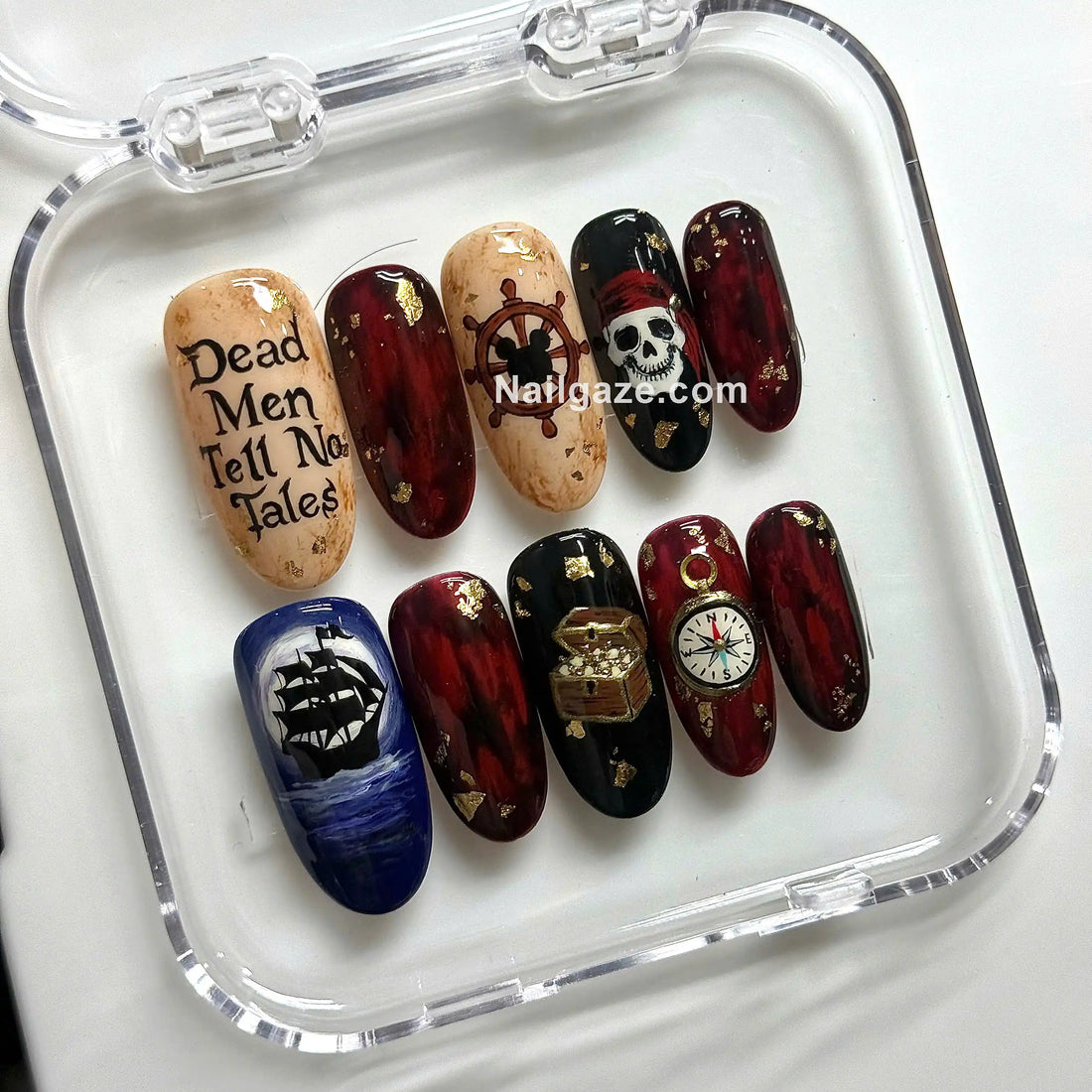 Crimson Corsair | Handmade Pirate Nautical Ship Skull Red Black Press-On Nails