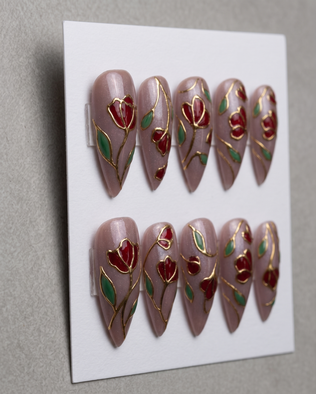 Enchanted Rose | Handmade Stained Glass Hand-Painted Floral Press-On Nails