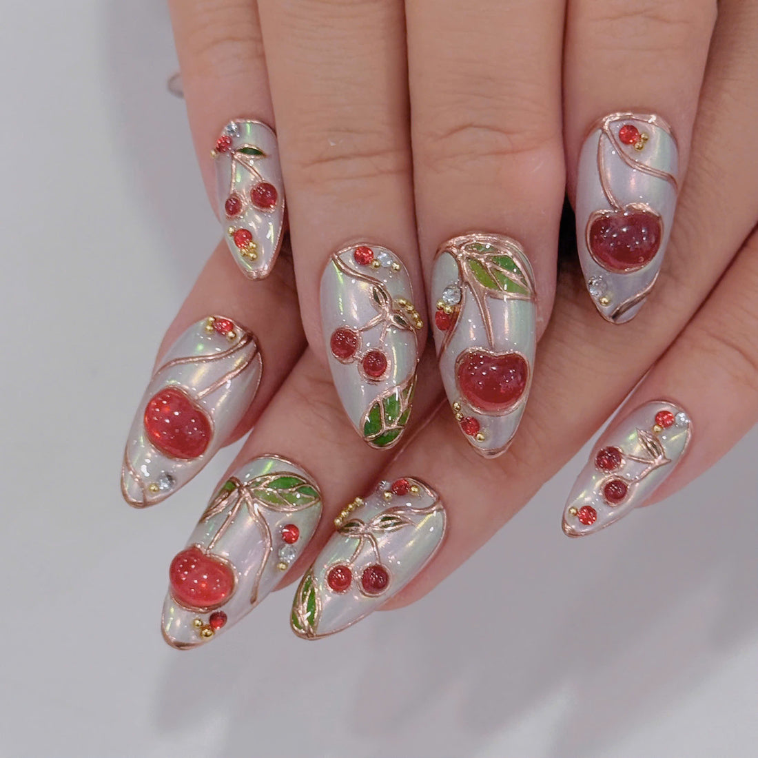 Pearl Cherry | Handmade Coquette 3D Fruit White Chrome Press-On