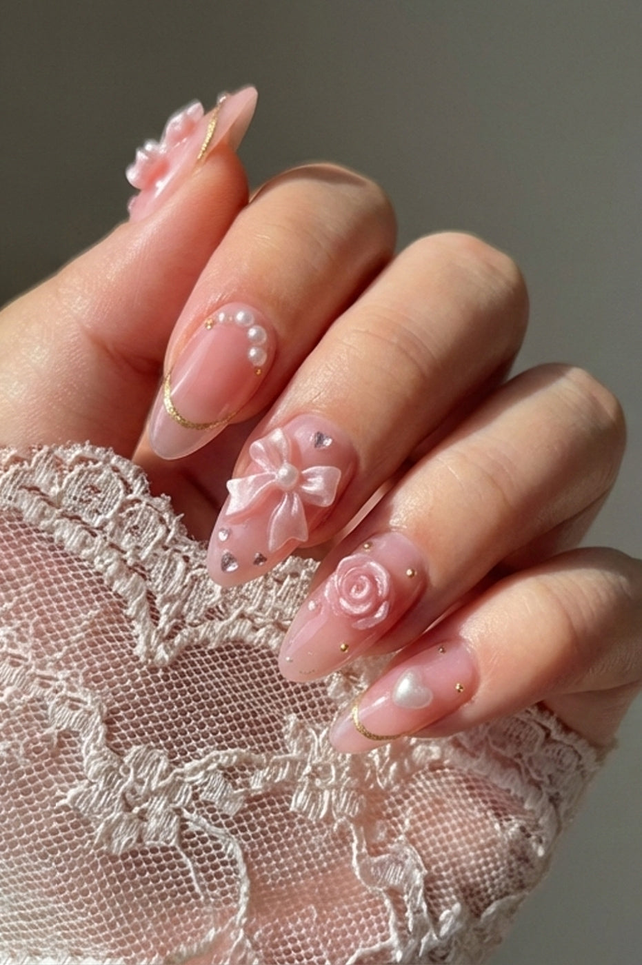 Pastel Ribbon | Handmade 3D Pink Bow Pearl Coquette Rose Press-On Nails