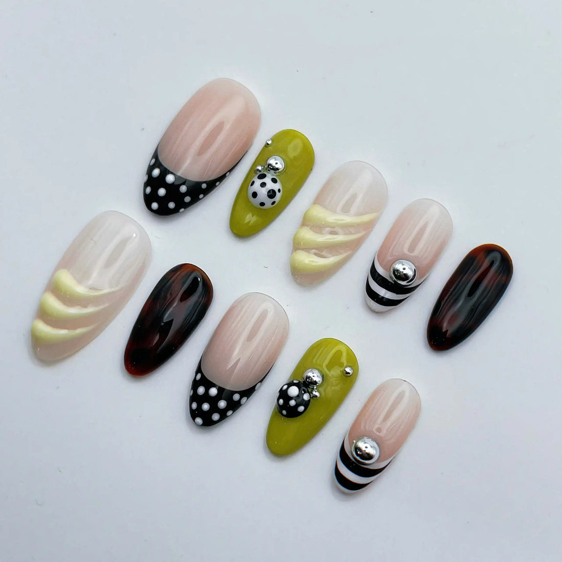 Quirky Ladybug | Handmade Y2K Mismatched Green Press-On Nails