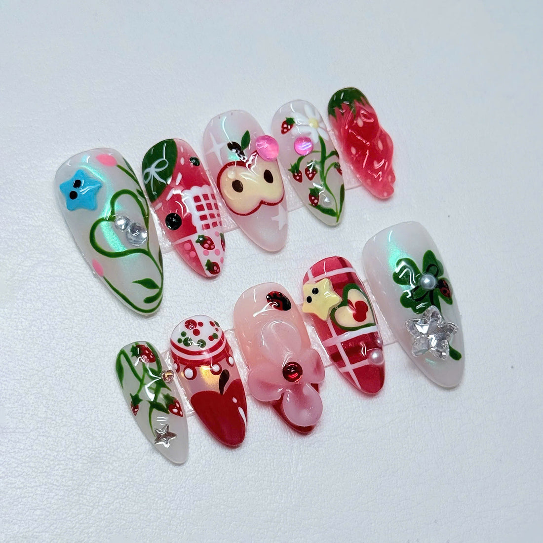 Picnic Garden | Handmade 3D Apple Strawberry Cottagecore Kawaii Press-On Nails
