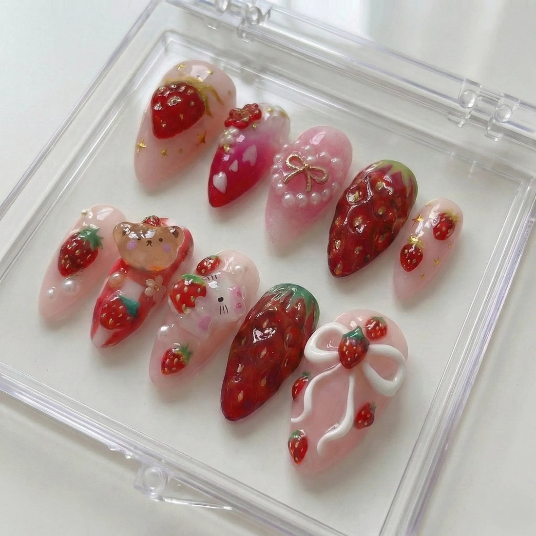 Kawaii Kitty | Handmade 3D Strawberry Coquette Bow Charms Press-On Nails