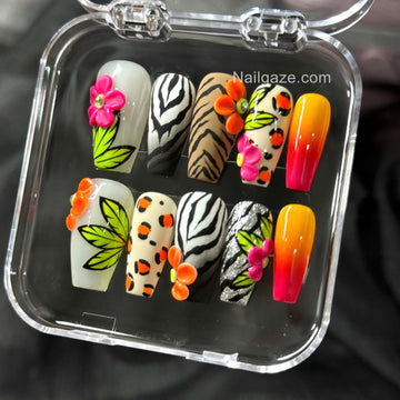 Neon Safari | Handmade Tropical 3D Flower Animal Print Press-On Nails