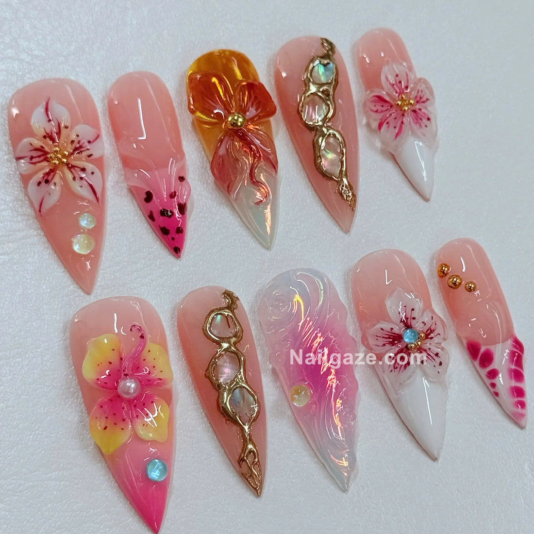 Island Hibiscus | Handmade Tropical Pink Floral Gold Chrome Press-On Nails