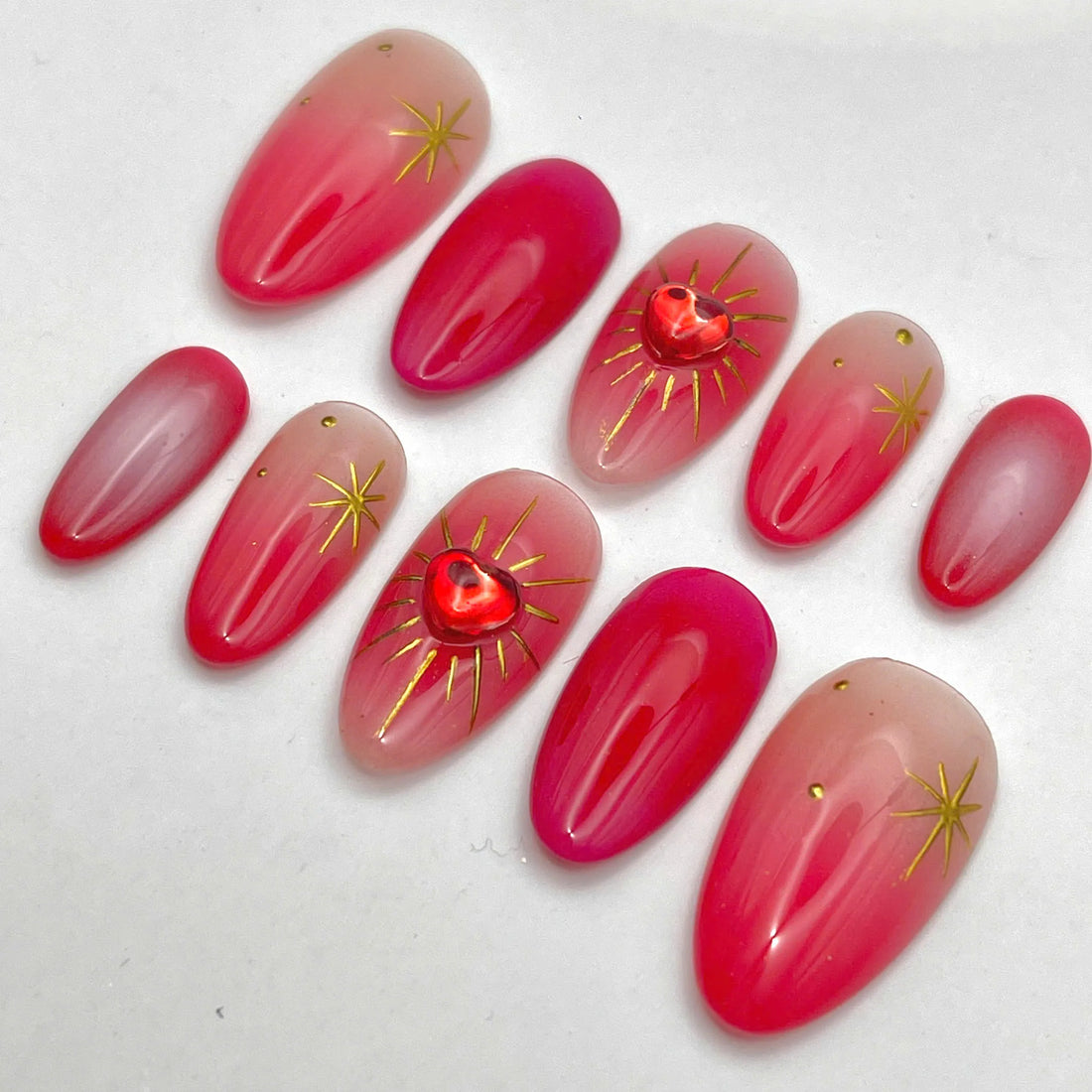 Crimson Aura | Handmade Red Aura 3D Heart Gold Starburst Press-On Nails