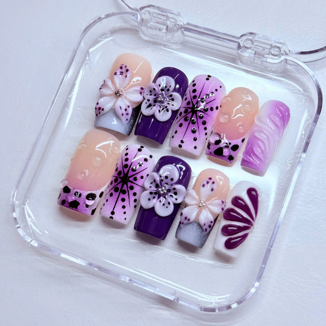 Cyber Violet | Handmade Purple 3D Flower Y2K Star Press-On Nails