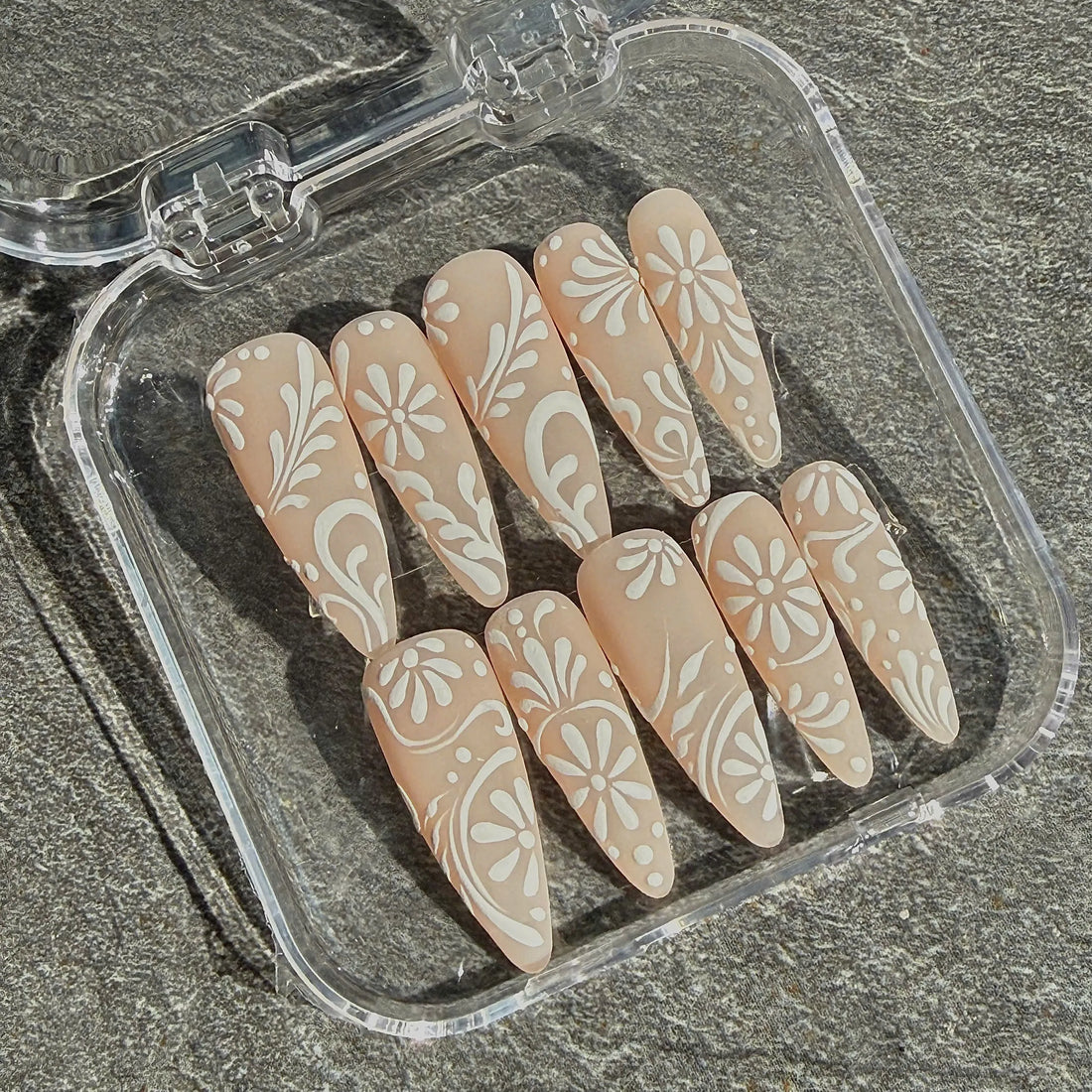 Bridal Lace | Handmade Matte Nude 3D White Vine Floral Press-On Nails