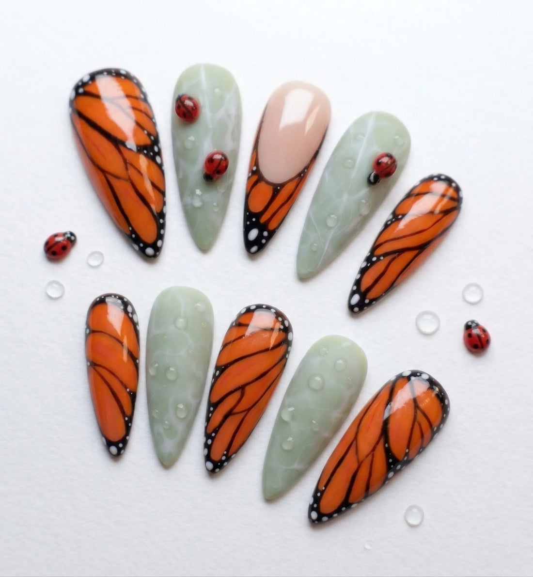 Monarch Garden | Handmade Ladybug Leaf Orange Butterfly Press-On Nails