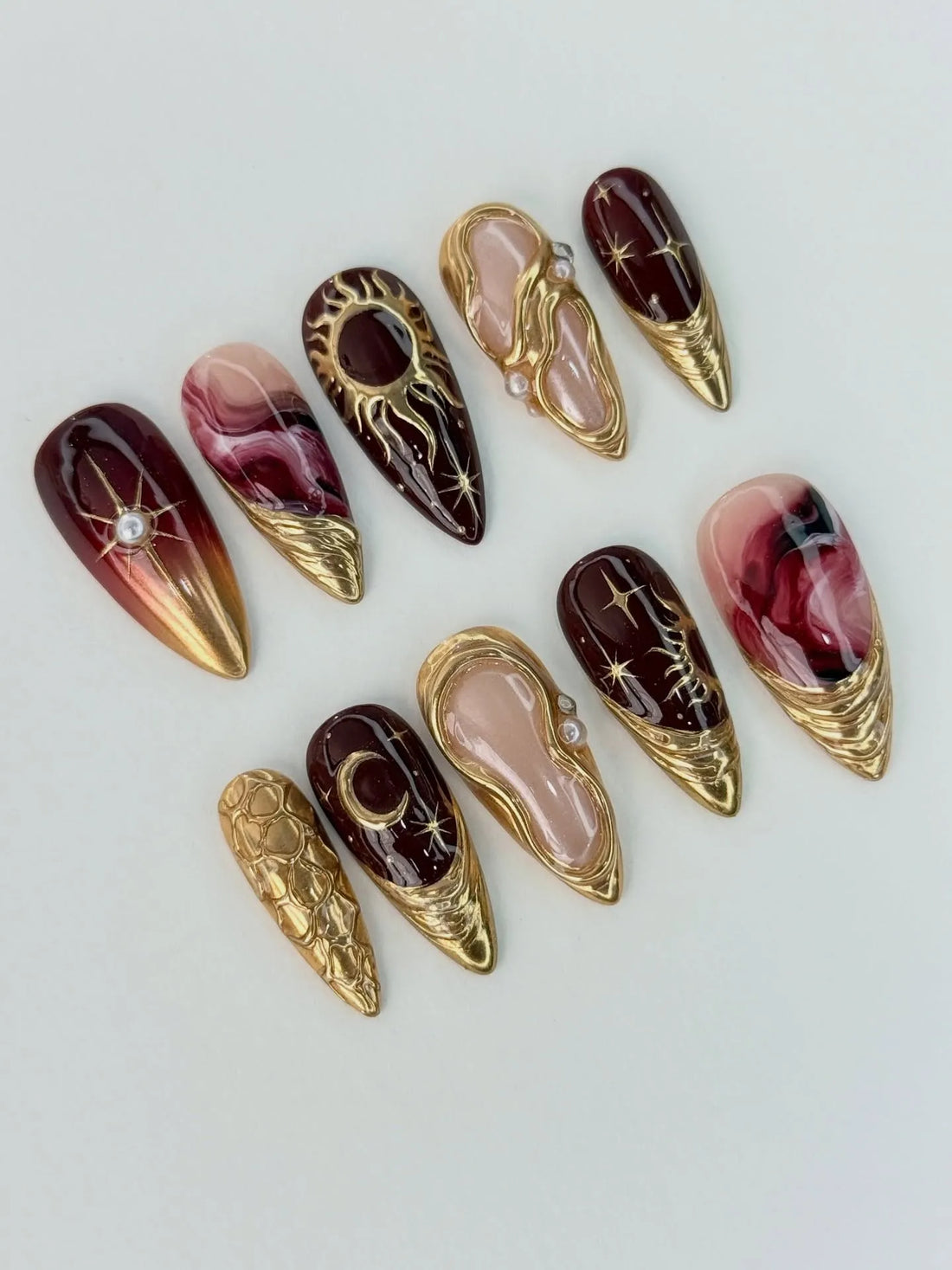 Dark Academia | Handmade Burgundy Celestial 3D Gold Chrome Press-On Nails