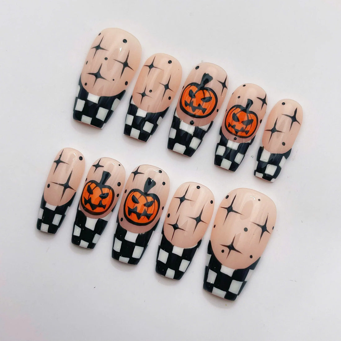 Checker Spook | Handmade Checkered Jack-o'-Lantern Spooky Pumpkin French Press-On Nails