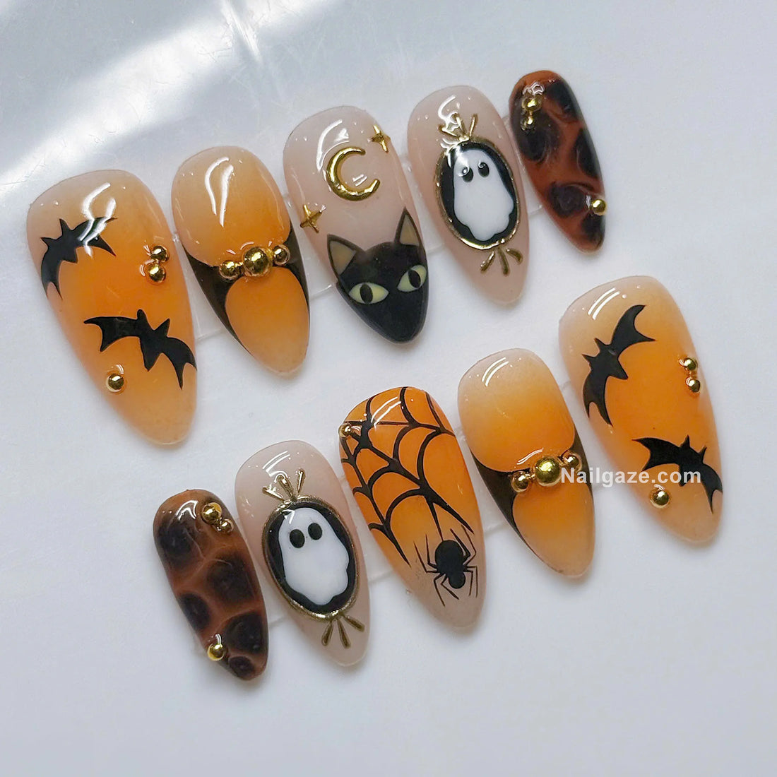 Vintage Spook | Handmade Orange Tortoiseshell Black Cat Ghost Press-On Nails