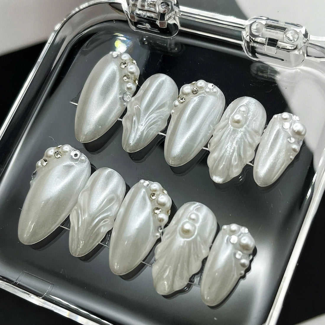 Pearlescent Grace | Handmade 3D Pearl White Bridal Wedding Press-On Nails