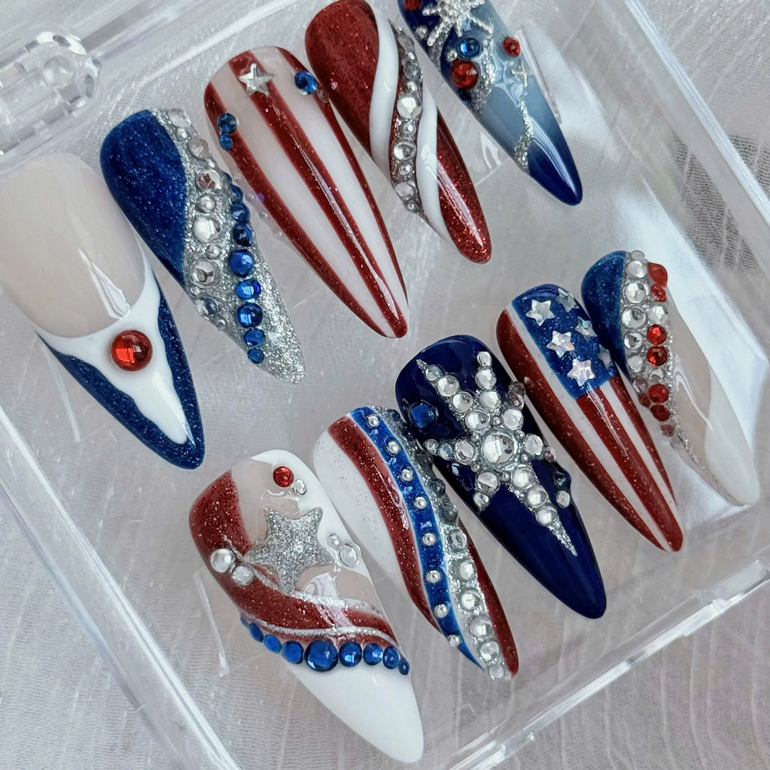 Patriotic Sparkle | Handmade USA Star Stripe Rhinestone Press-On Nails
