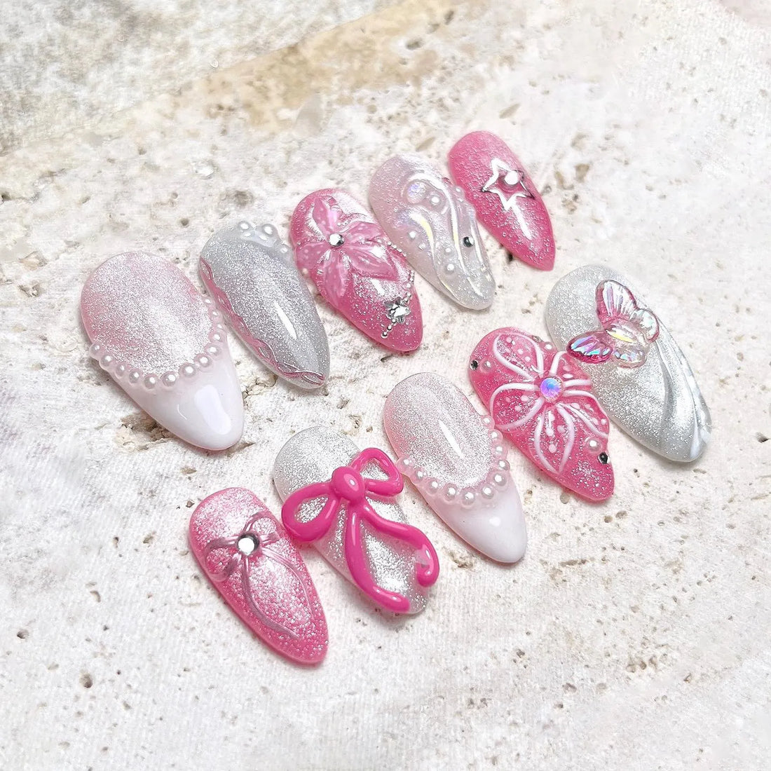 Velvet Bow | Handmade 3D Pink Bow Butterfly Cat Eye Silver Floral Press-On Nails