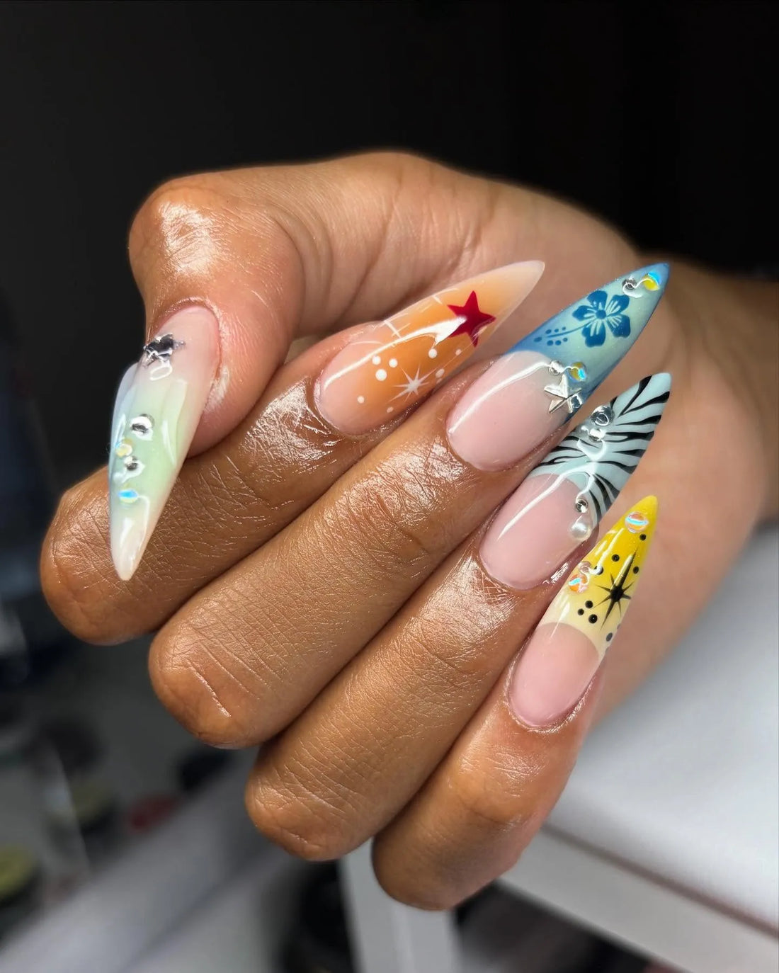 Cyber Hibiscus | Handmade Y2K Mixed Print Tropical Hibiscus Star Press-On Nails