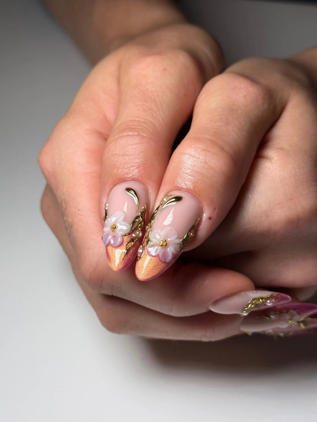 Velvet Rose | Handmade 3D Gold Floral Pink Cat Eye Press-On Nails