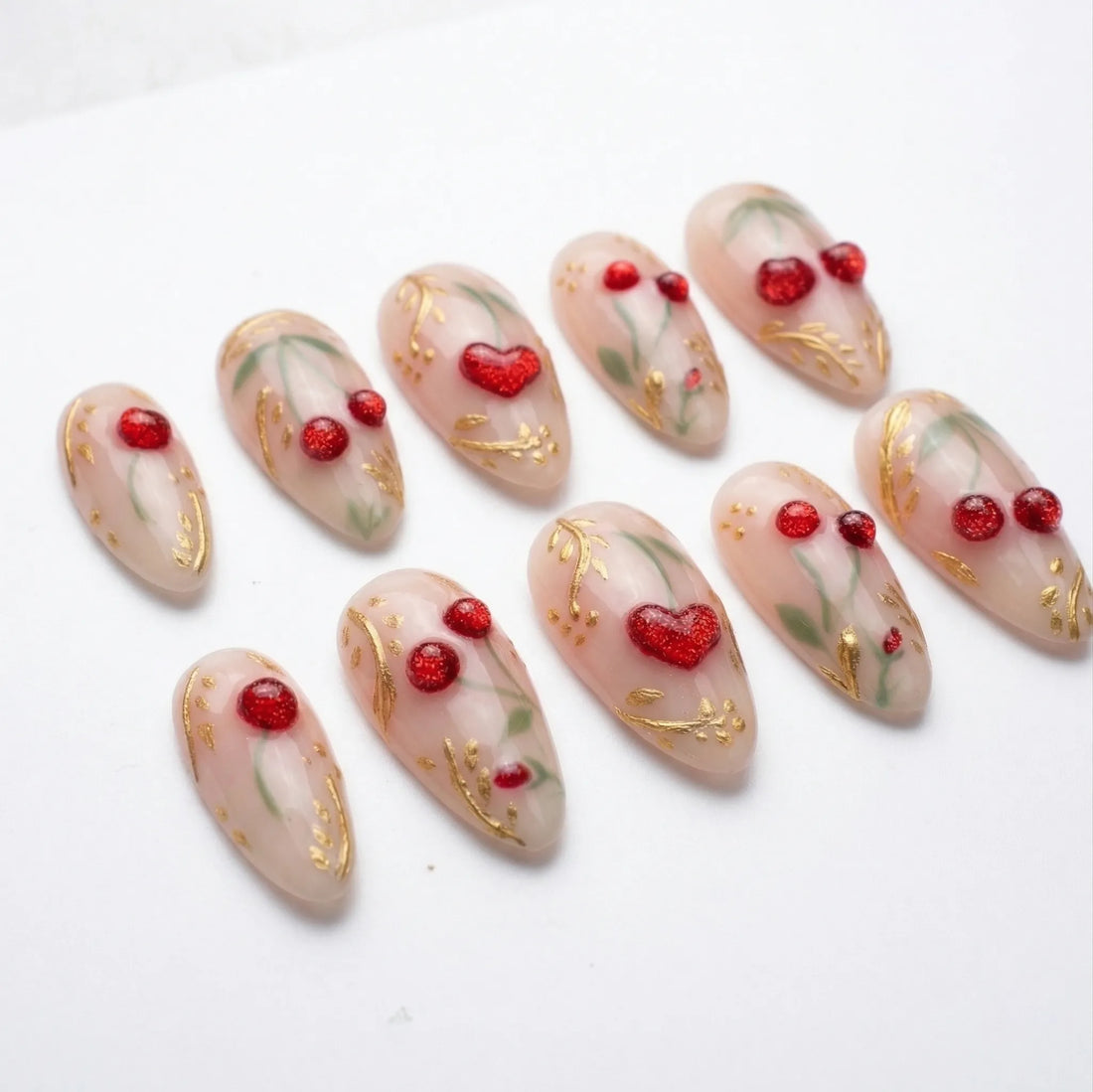 Cherry Heart | Handmade 3D Red Glitter Heart Gold Press-On Nails