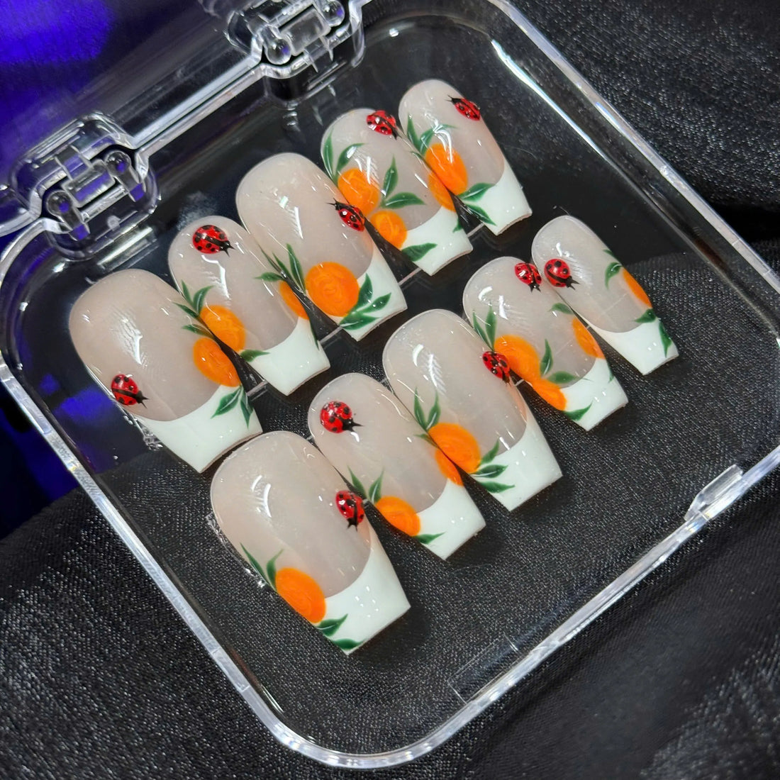Citrus Garden | Handmade 3D Ladybug Summer Orange French Gel Press-On Nails