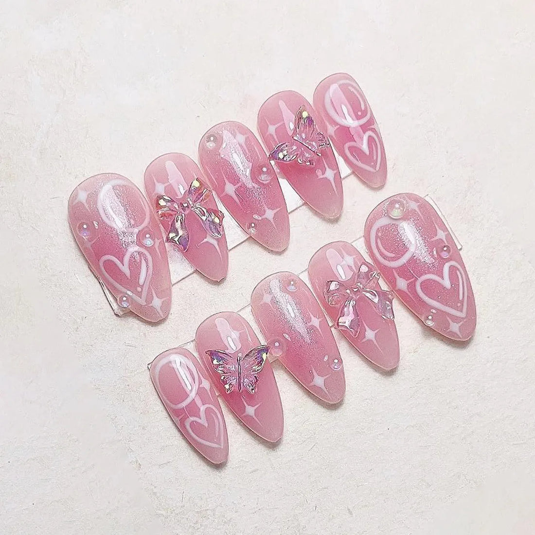 Aurora Bow | Handmade Pink Jelly Coquette Butterfly Heart Press-On Nails