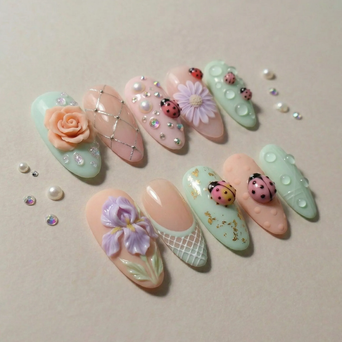 Garden Dew | Handmade 3D Water Droplet Ladybug Floral Press-On Nails