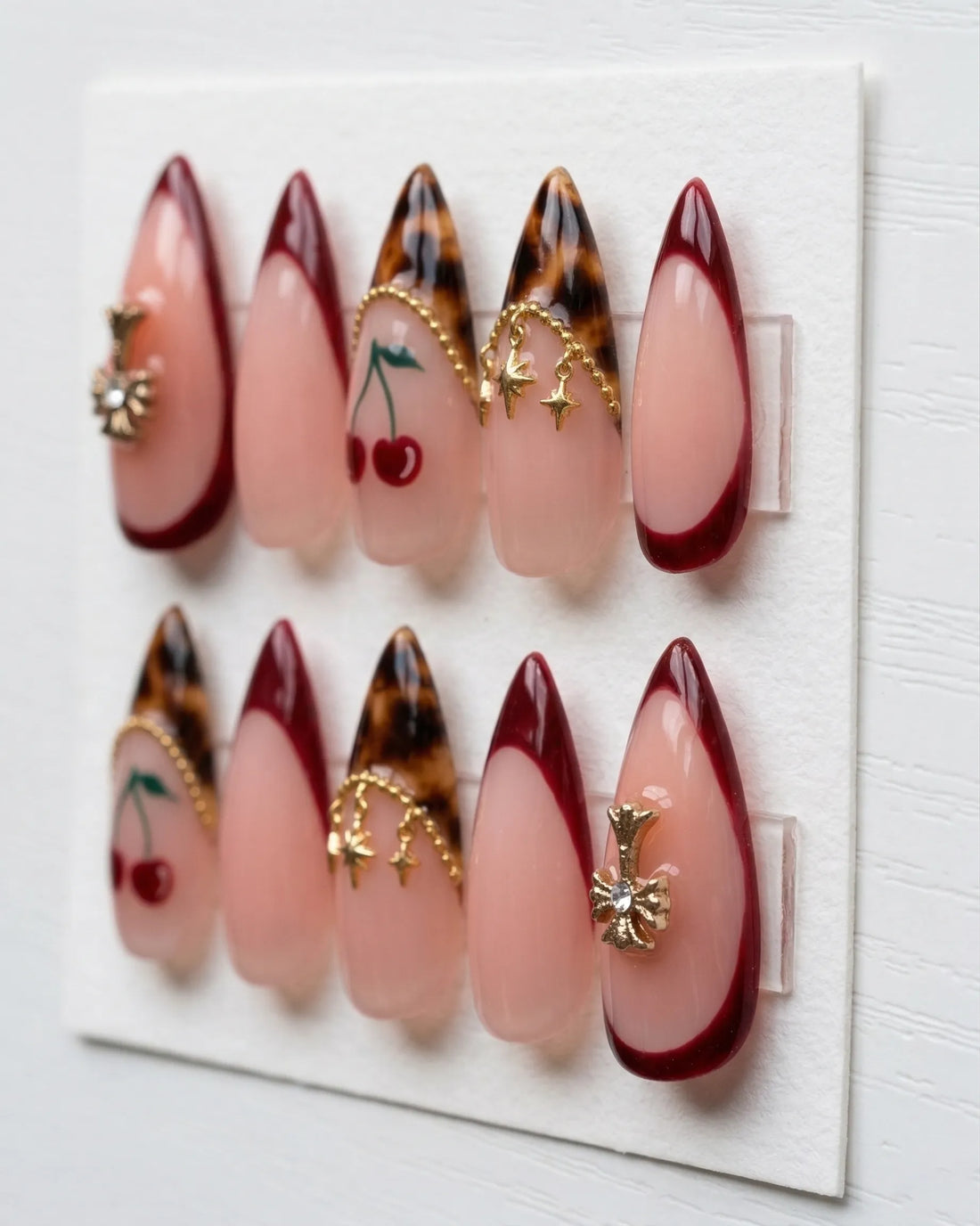 Tortoise Velvet | Handmade Burgundy Tortoiseshell Gold Charm Press-On Nails