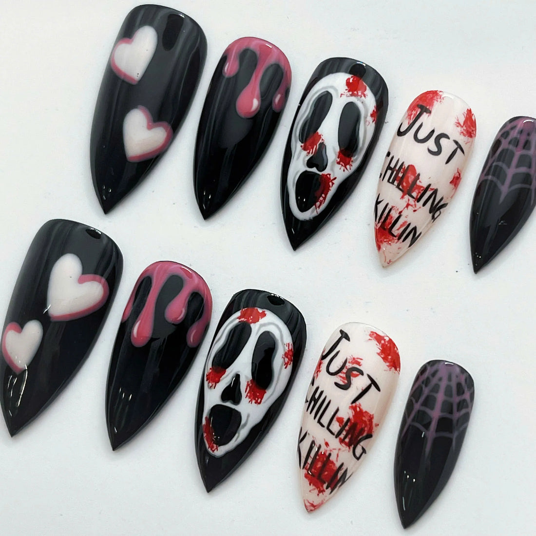 Slasher Pink | Handmade Horror Mask Pink Blood Drip Web Press-On Nails