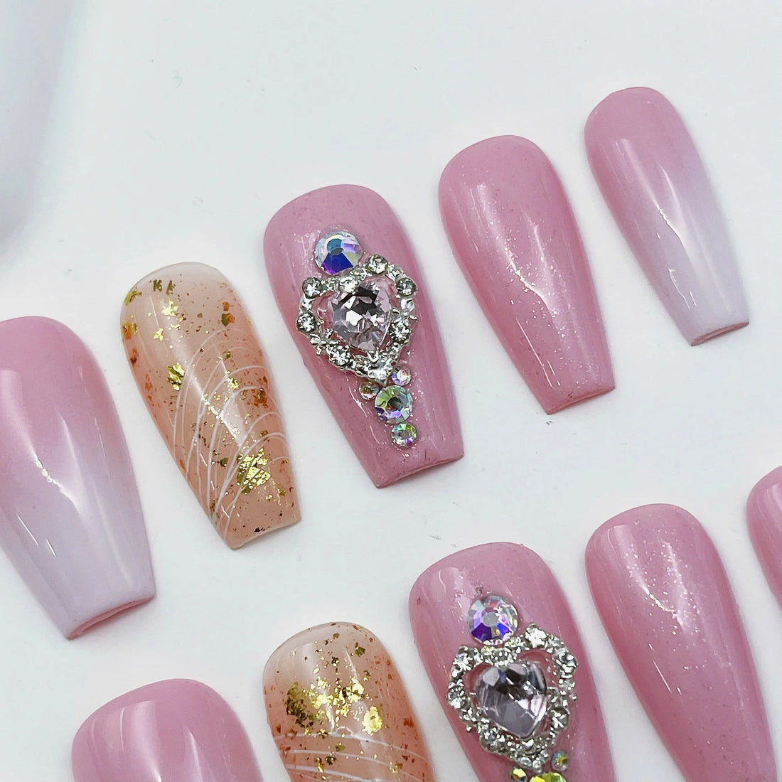 Blushing Heart | Handmade Pink Ombre 3D Rhinestone Coquette Coffin Press-On Nails