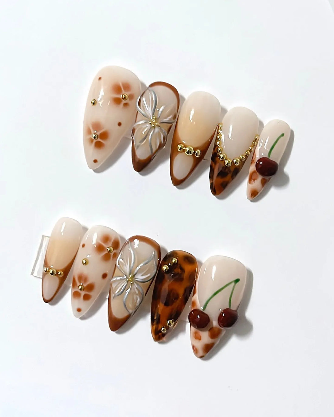 Tortoise Cherry | Handmade Tortoiseshell Brown 3D Cherry Fall Floral Press-On Nails