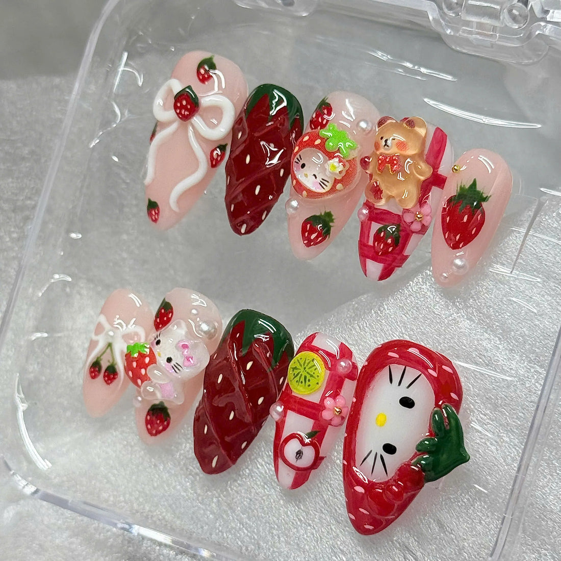 Strawberry Kitty | Handmade 3D Strawberry Kawaii Kitty Red Gingham Press-On Nails