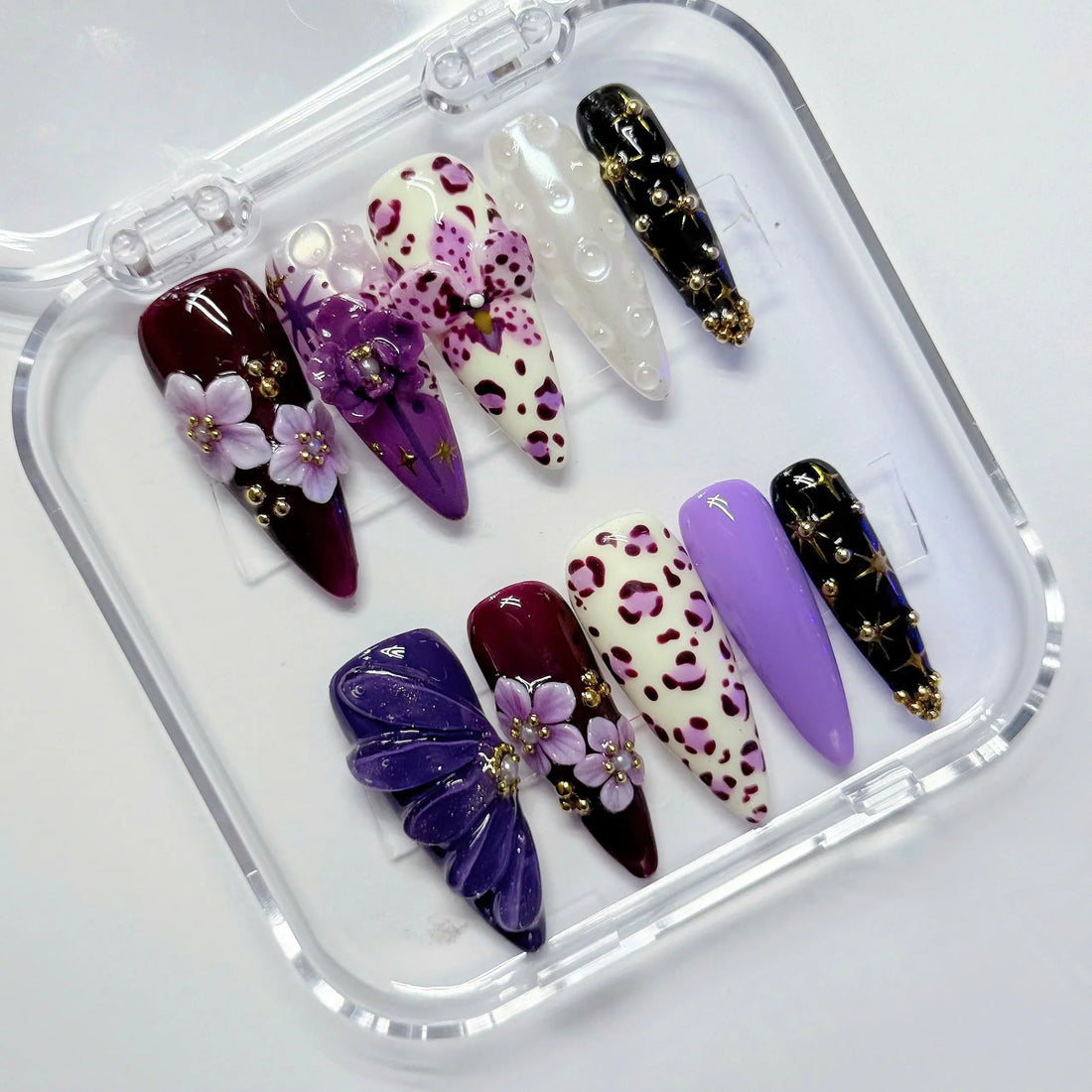 Celestial Safari | Handmade 3D Purple Floral Leopard Celestial Press-On Nails