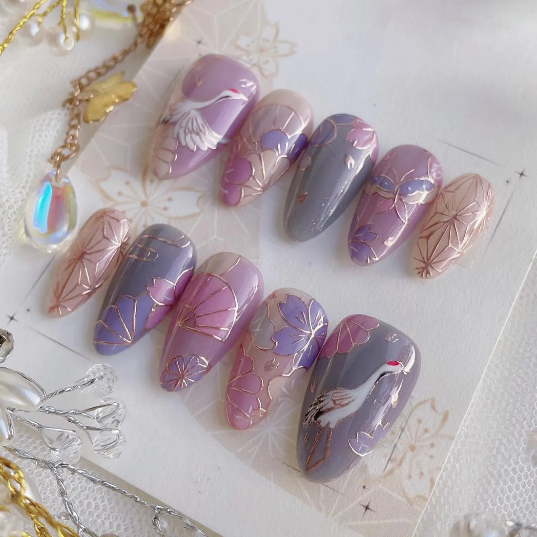 Sakura Crane | Handmade Japanese Crane Pastel Purple Floral Press-On Nails