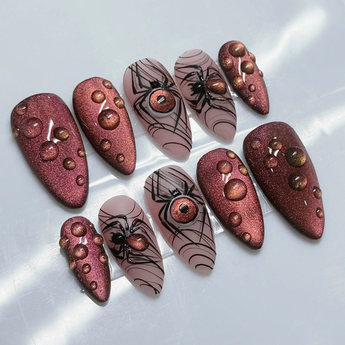 Mauve Web | Handmade Cat Eye 3D Spider Dew Drop Press-On Nails