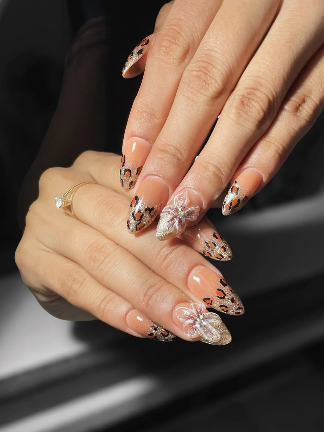 Gold Safari | Handmade Leopard Print 3D Floral Glitter Press-On Nails