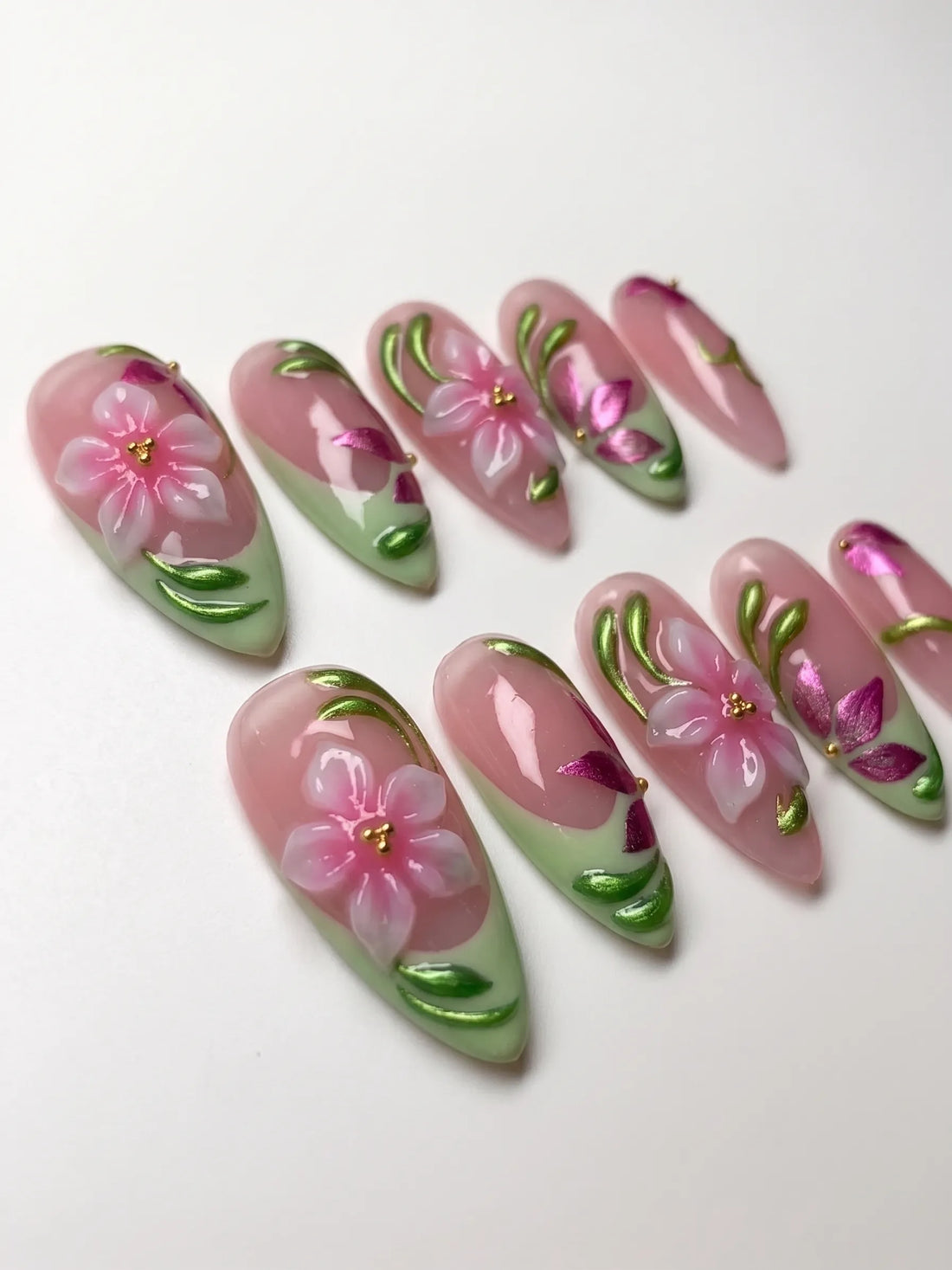 Mint Blossom | Handmade 3D Pink Floral Metallic Pastel Press-On Nails (Copy)