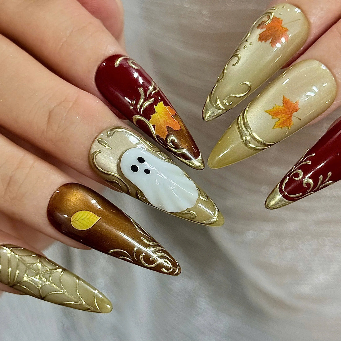 Autumn Haunt | Handmade Fall Ghost Maple Leaves Gold Chrome Spider Web Press-On Nails