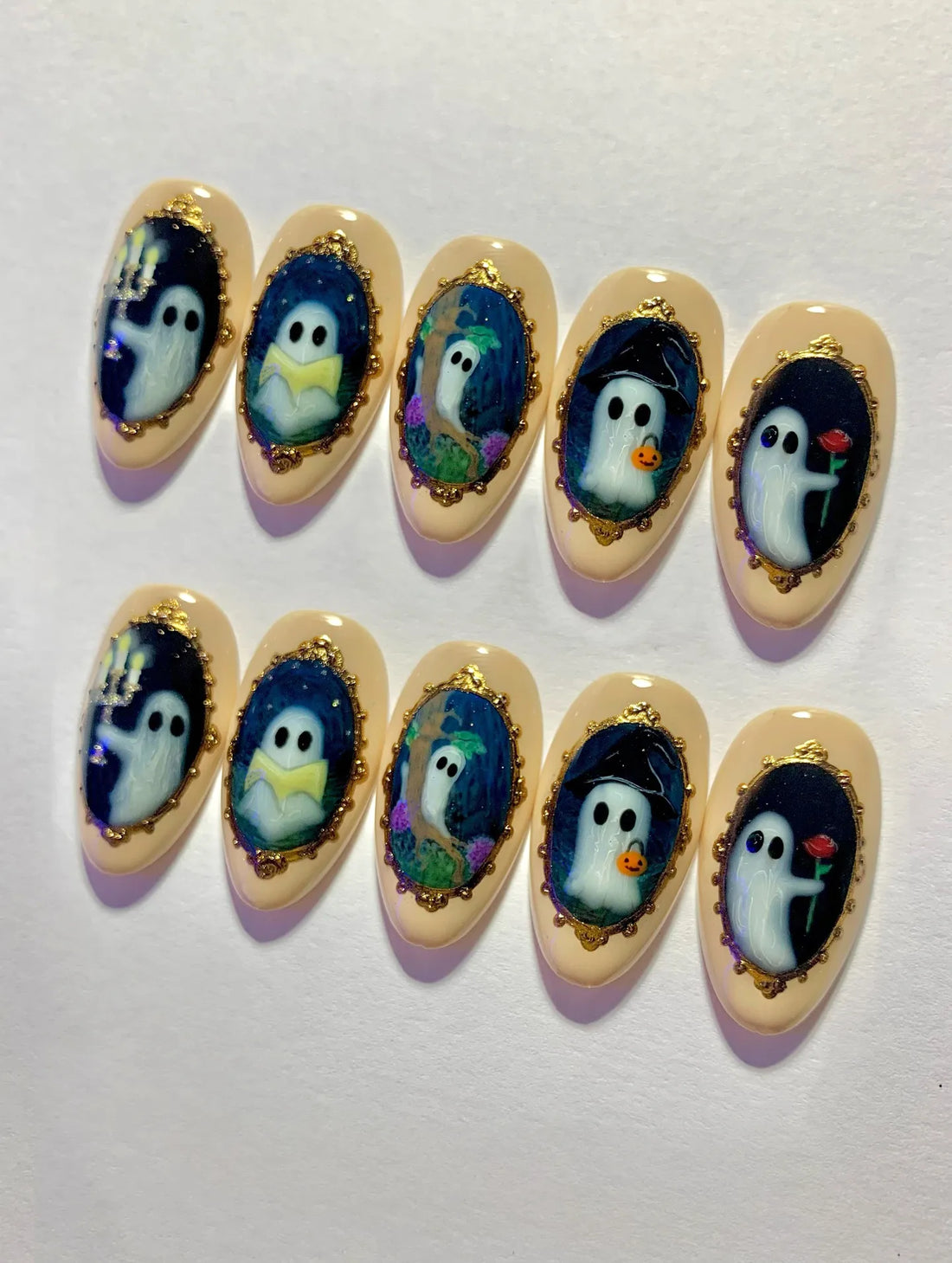 Haunted Glow | Handmade Glow in Dark Ghost Gold Frame Press-On Nails