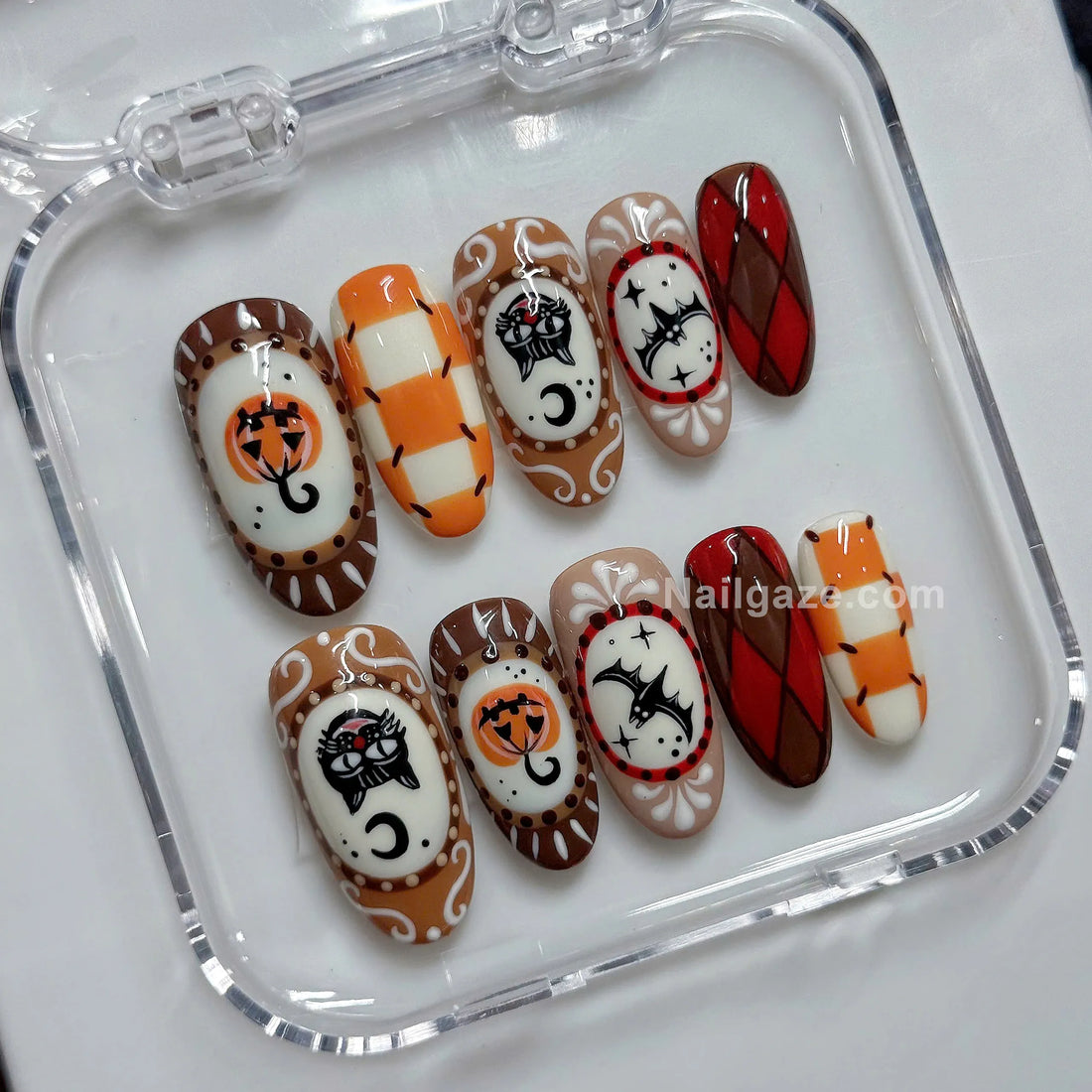 Retro Spook | Handmade Vintage Black Cat Pumpkin Halloween Press-On Nails