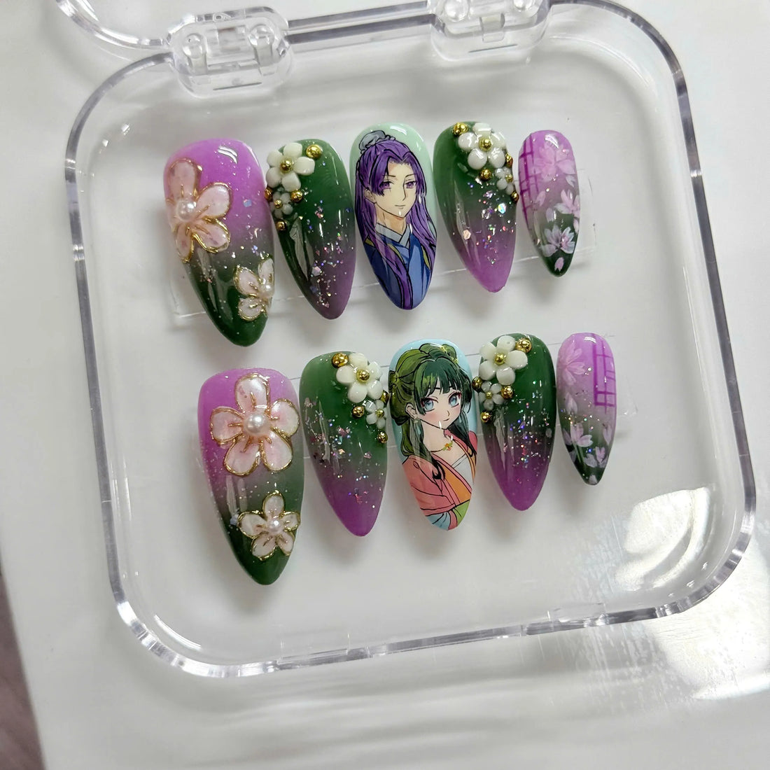 Imperial Herbs | Handmade Green Purple Pastel Fantasy Anime Character Press-On Nails