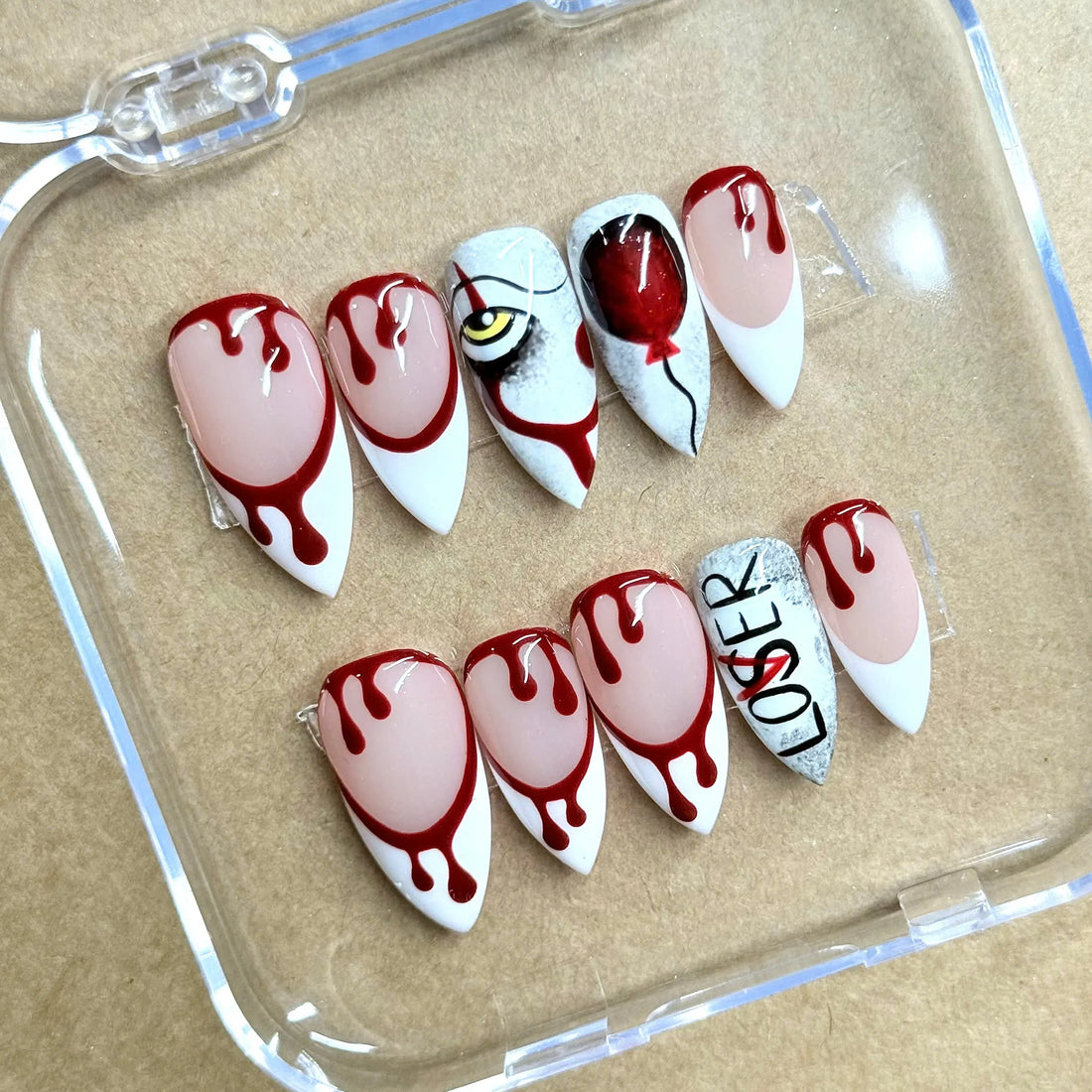 Circus Horror | Handmade Horror Clown Red Balloon Bloody Drip Press-On Nails