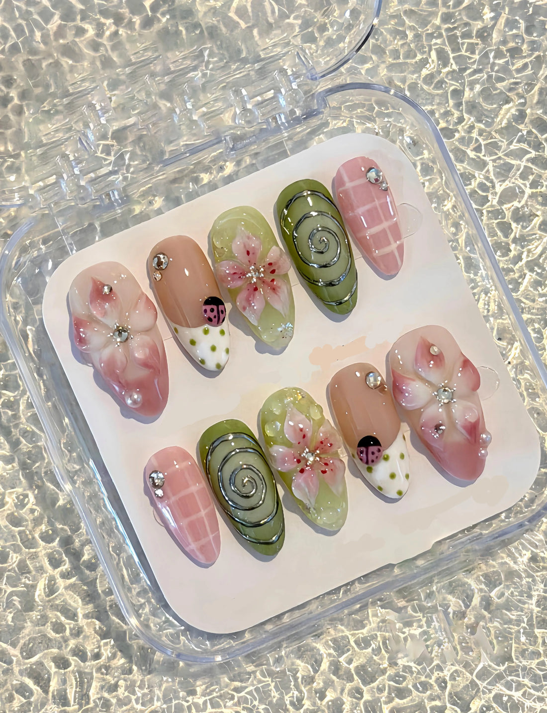 Spring Ladybug | Handmade 3D Pink Spring Floral Ladybug Press-On Nails