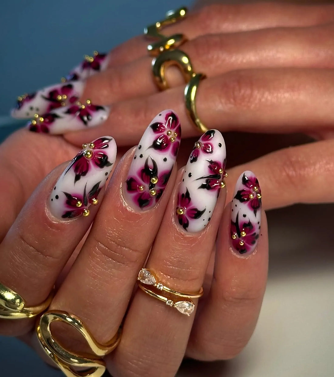 Crimson Bloom | Handmade Dark Pink Watercolor Floral Gold Press-On Nails