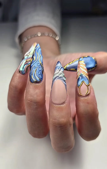 Cyber Chrome | Handmade 3D Abstract Blue Silver Metallic Gel Press-On Nails