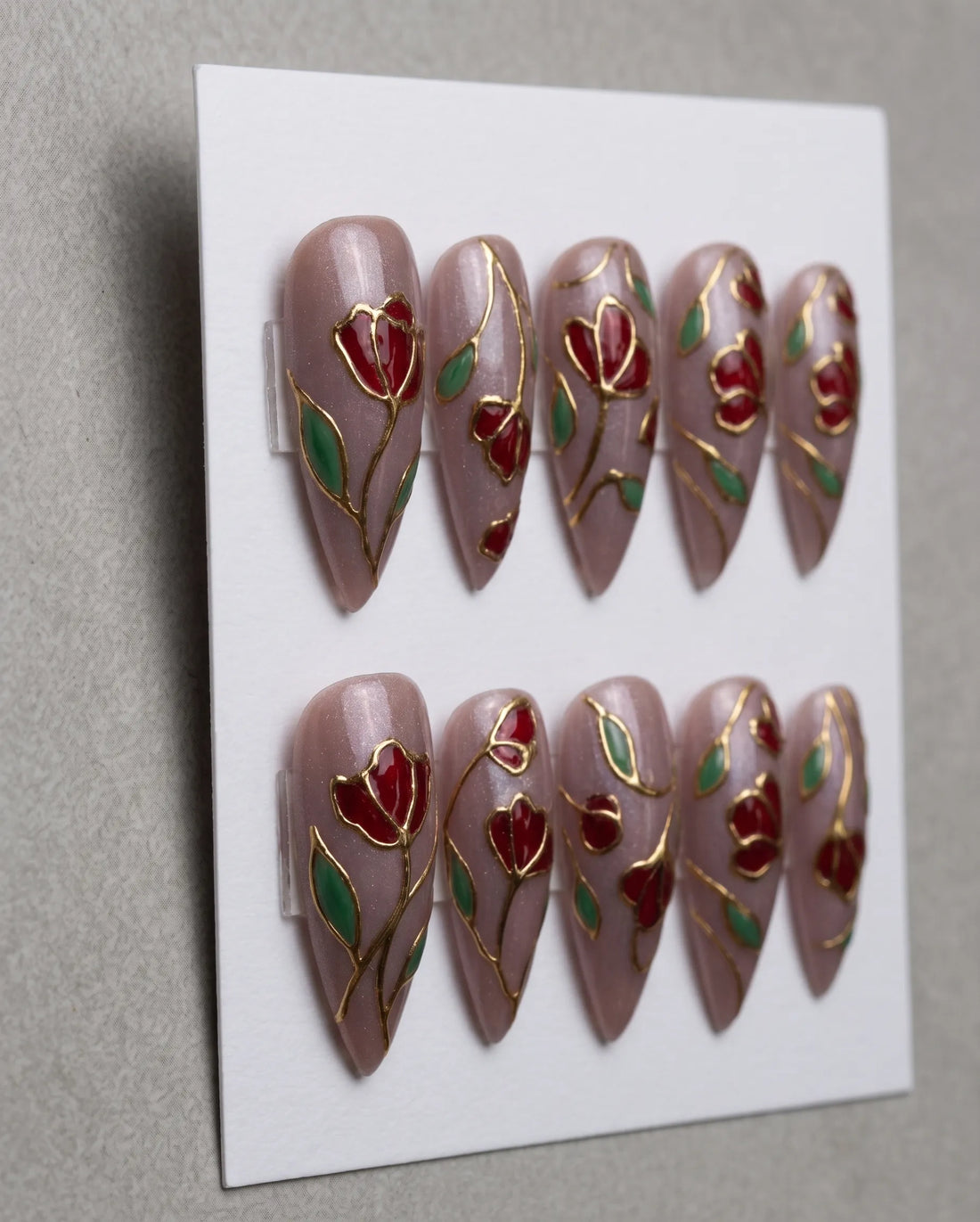 Enchanted Rose | Handmade Stained Glass Hand-Painted Floral Press-On Nails
