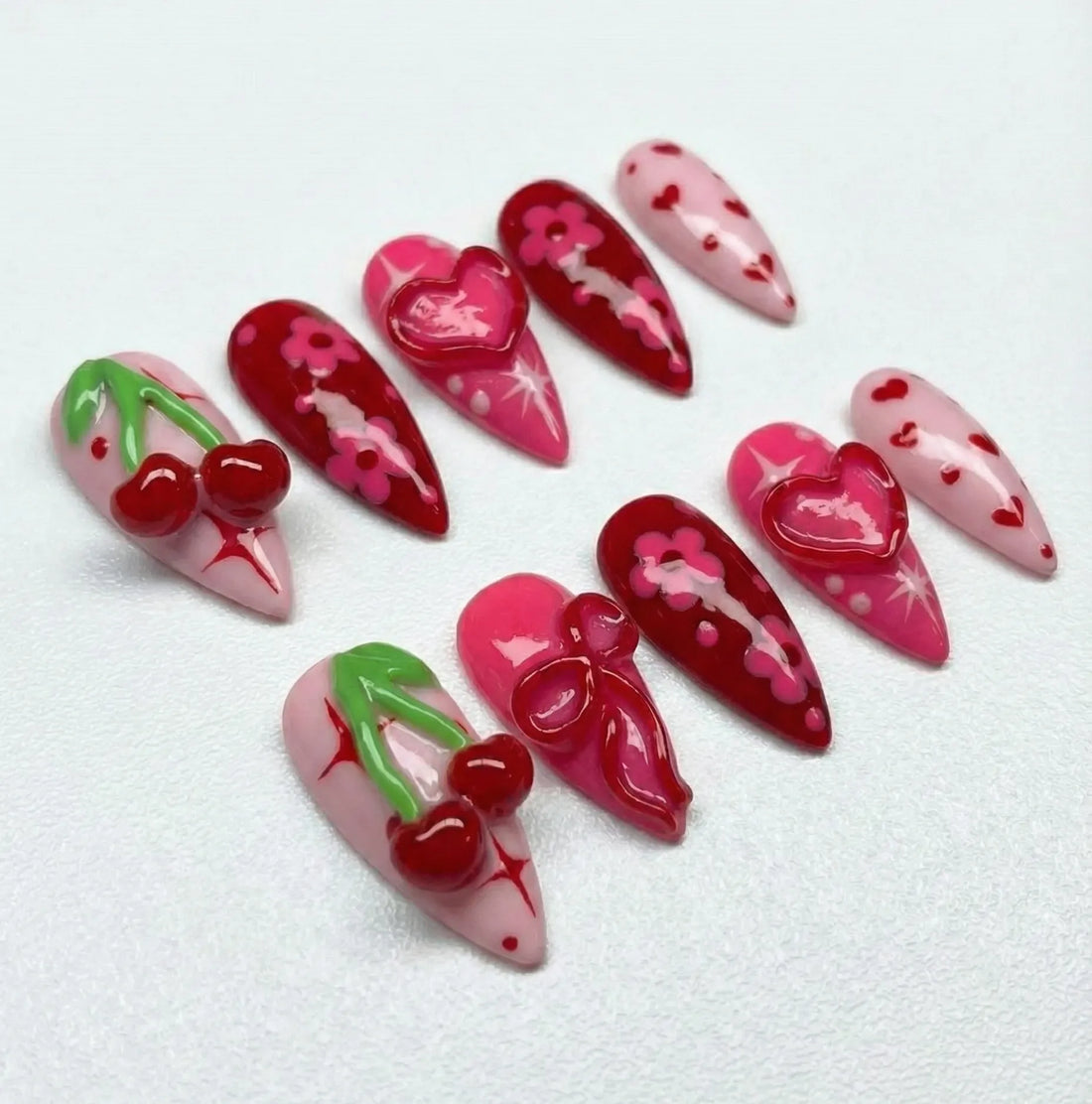 Cherry Heart | Handmade 3D Cherry Heart Pink Red Coquette Press-On Nails
