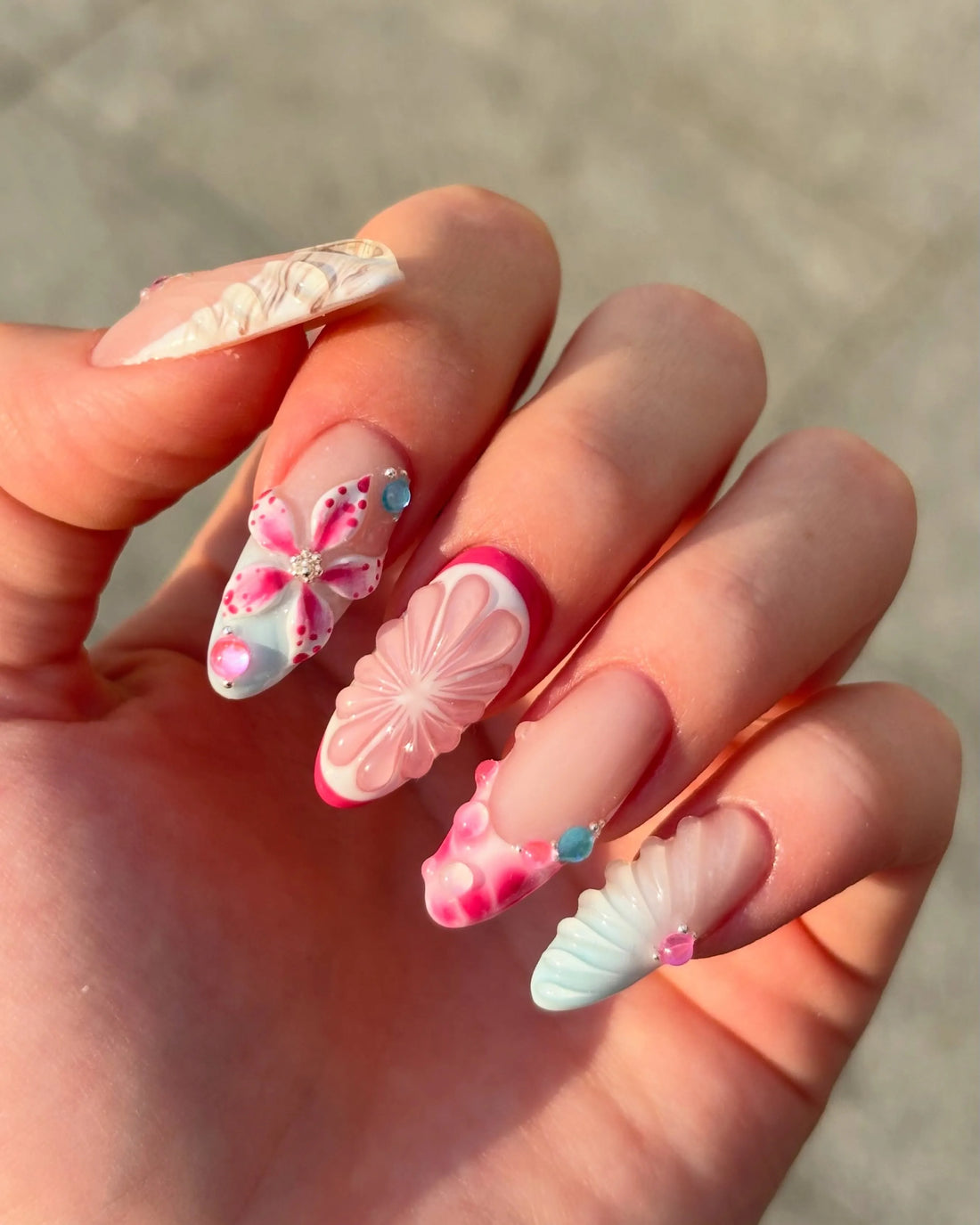 Coral Shore | Handmade 3D Pink Flower Seashell Beach Summer Press-On Nails