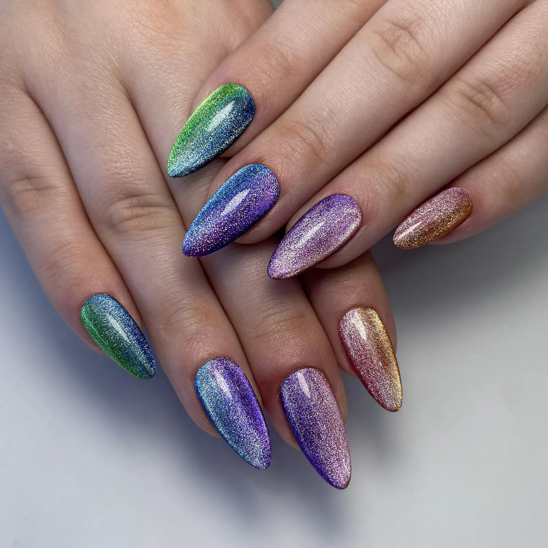 Rainbow Shimmer | Handmade Holographic Gradient Cat Eye Almond Press-On Nails