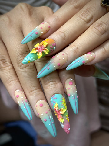 Tropical Breeze | Handmade Turquoise Ombre Matte 3D Floral Press-On Nails