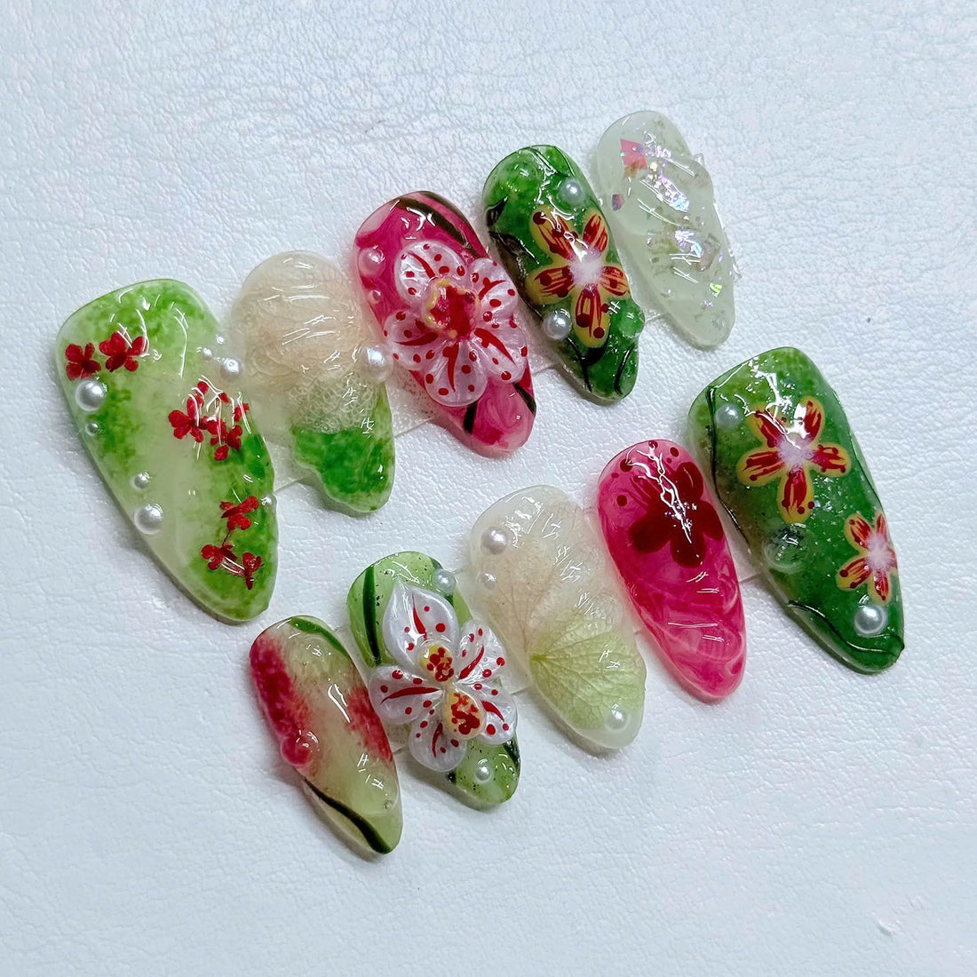 Orchid Breeze | Handmade 3D Tropical Floral Green Orchid Almond Press-On Nails